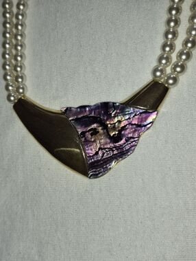 Vintage Double Strand Faux Pearl Necklace with Purple Abalone Style Pendant Gold